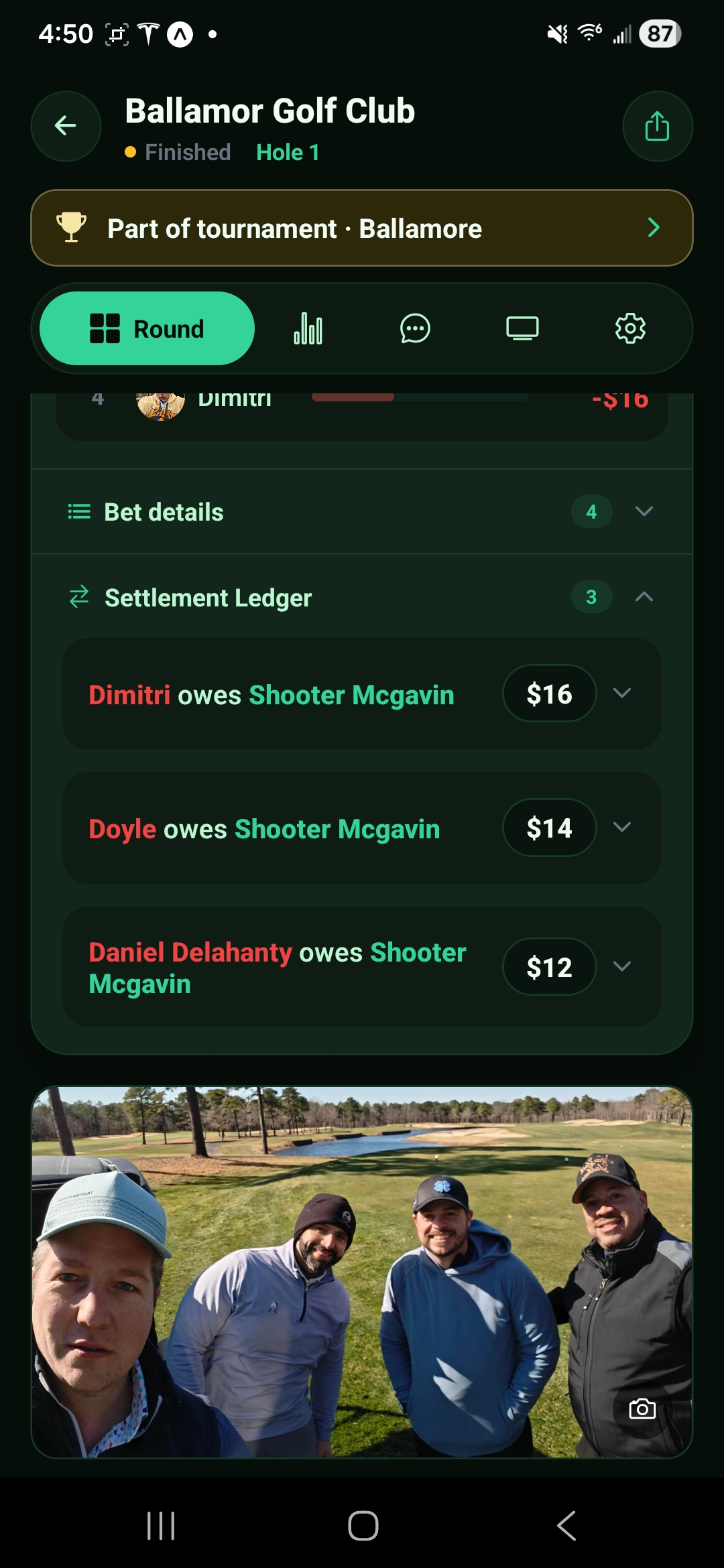 Settlement ledger showing who owes whom in GolfBet